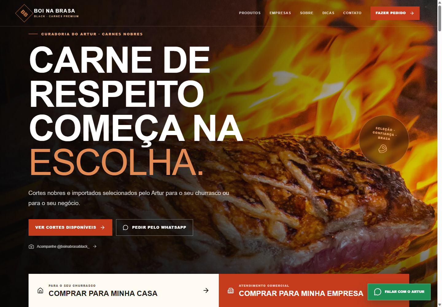 Conceito demonstrativo de catálogo premium Boi na Brasa Black