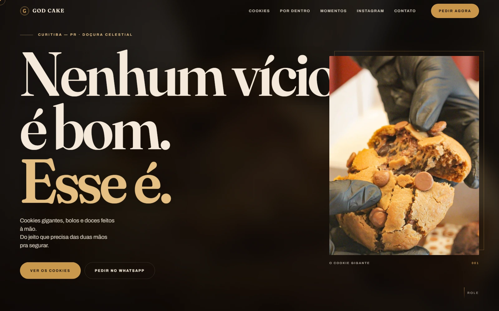 Conceito demonstrativo de site editorial para a GOD CAKE, cookies gigantes em Curitiba