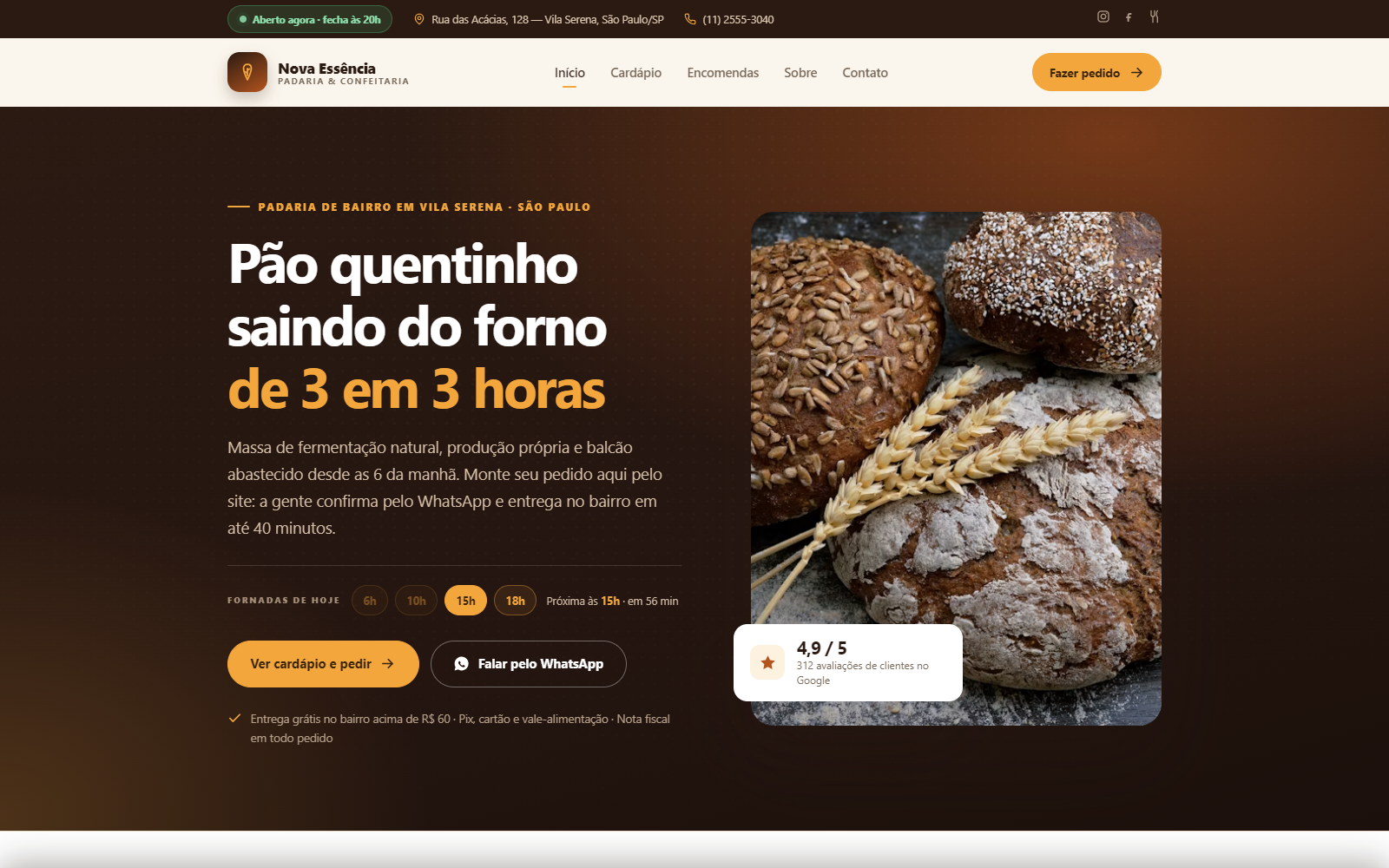 Conceito demonstrativo de site para a Padaria Nova Essência